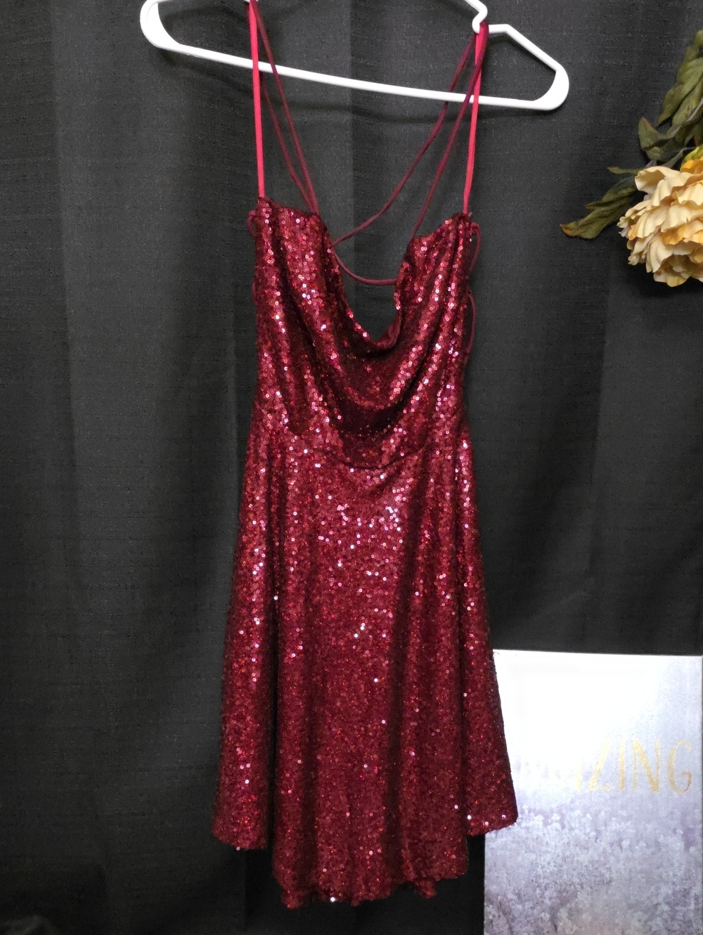 WINSOR SZ M Burgundy Sequin Spaghetti-Strap Corset Back Formal Party Dress